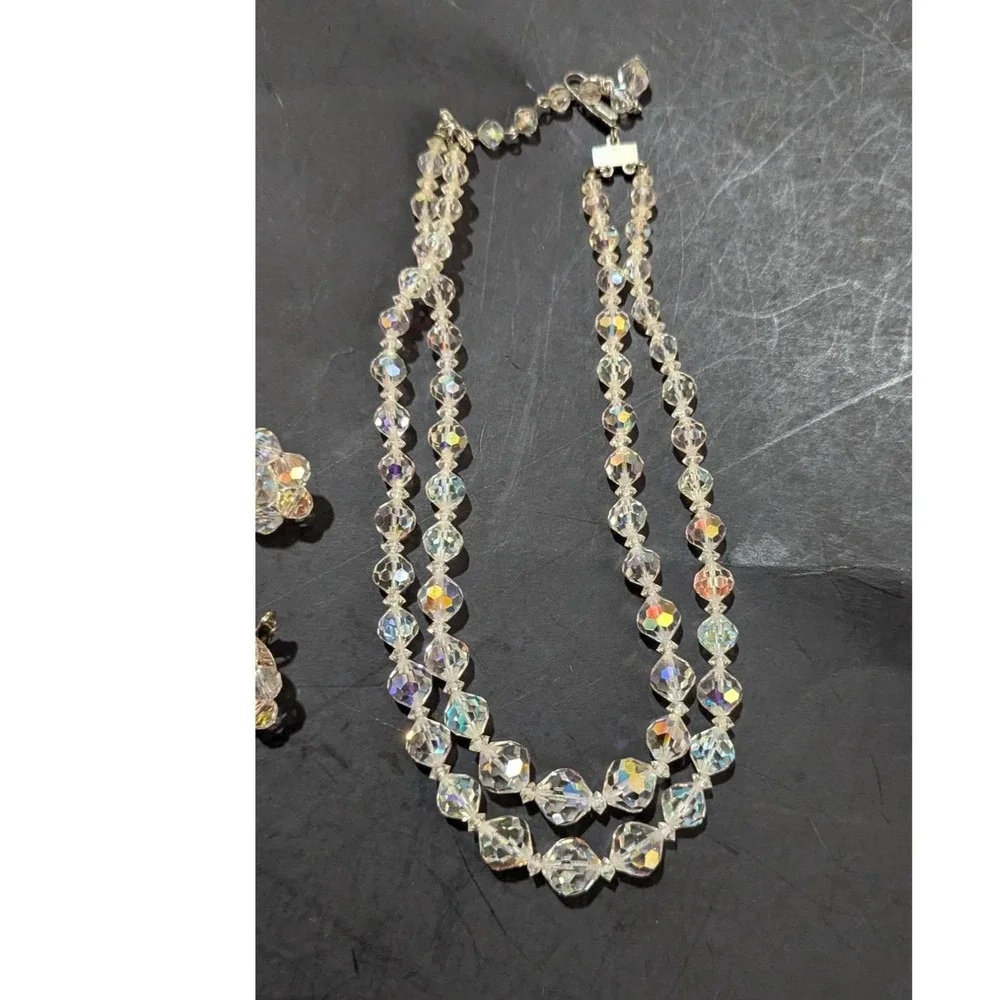 Vintage Aurora Borealis Crystal Necklace Clip-On Earring Set Double Strand Beads